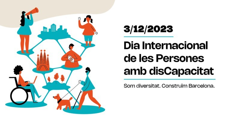 Grafisme de l'Ajuntament de Barcelona per al Dia Internacional de les Persones amb Discapacitat. El text diu: "3/12/2023. Dia Internacional de les persones amb disCapacitat. Som diversitat. Construïm Barcelona."