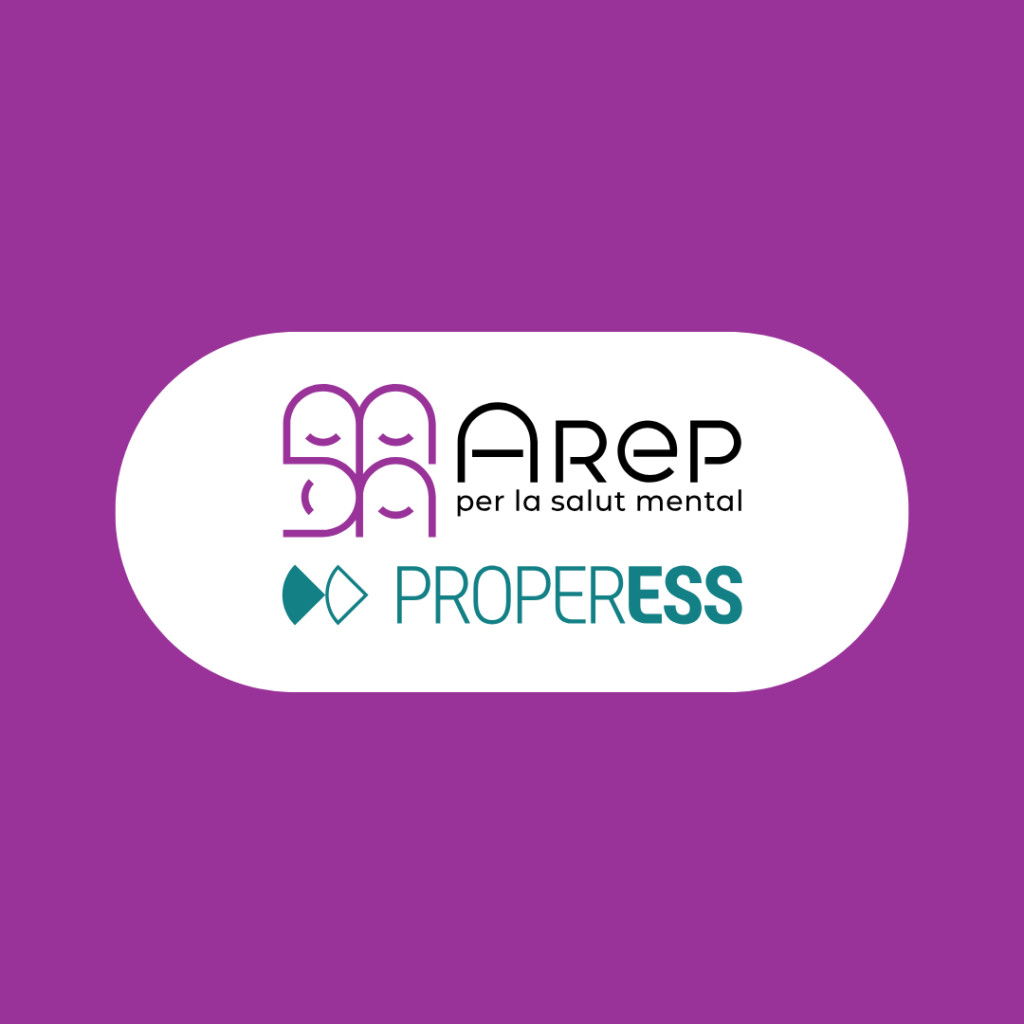 Logotips d'Arep i ProperEss amb un fons lila corporatiu.