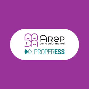 Logotips d'Arep i ProperEss amb un fons lila corporatiu.